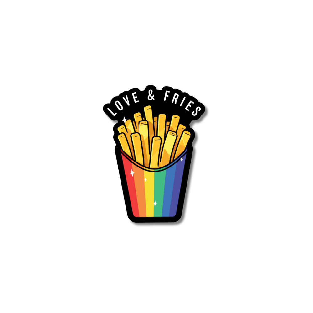 Magnet mit Text "Love and Fries" und einer regenbogenfarbenen Pommestüte