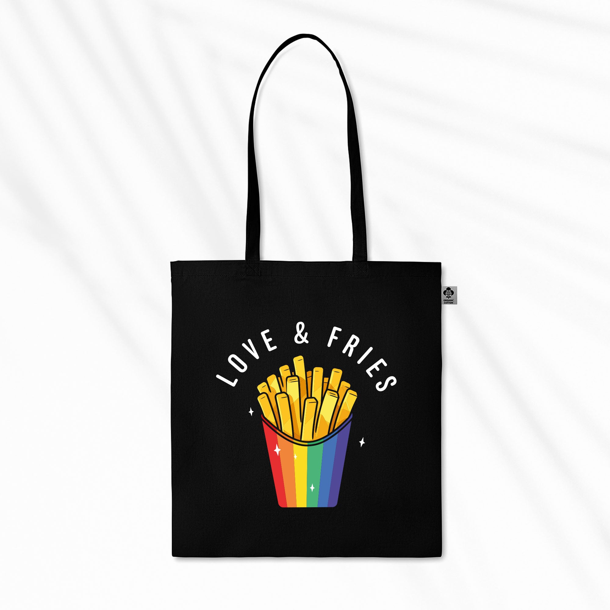 Produktbild von schwarzer Tragetasche mit bunter Pommestüte und weißer "Love & Fries"-Schrift