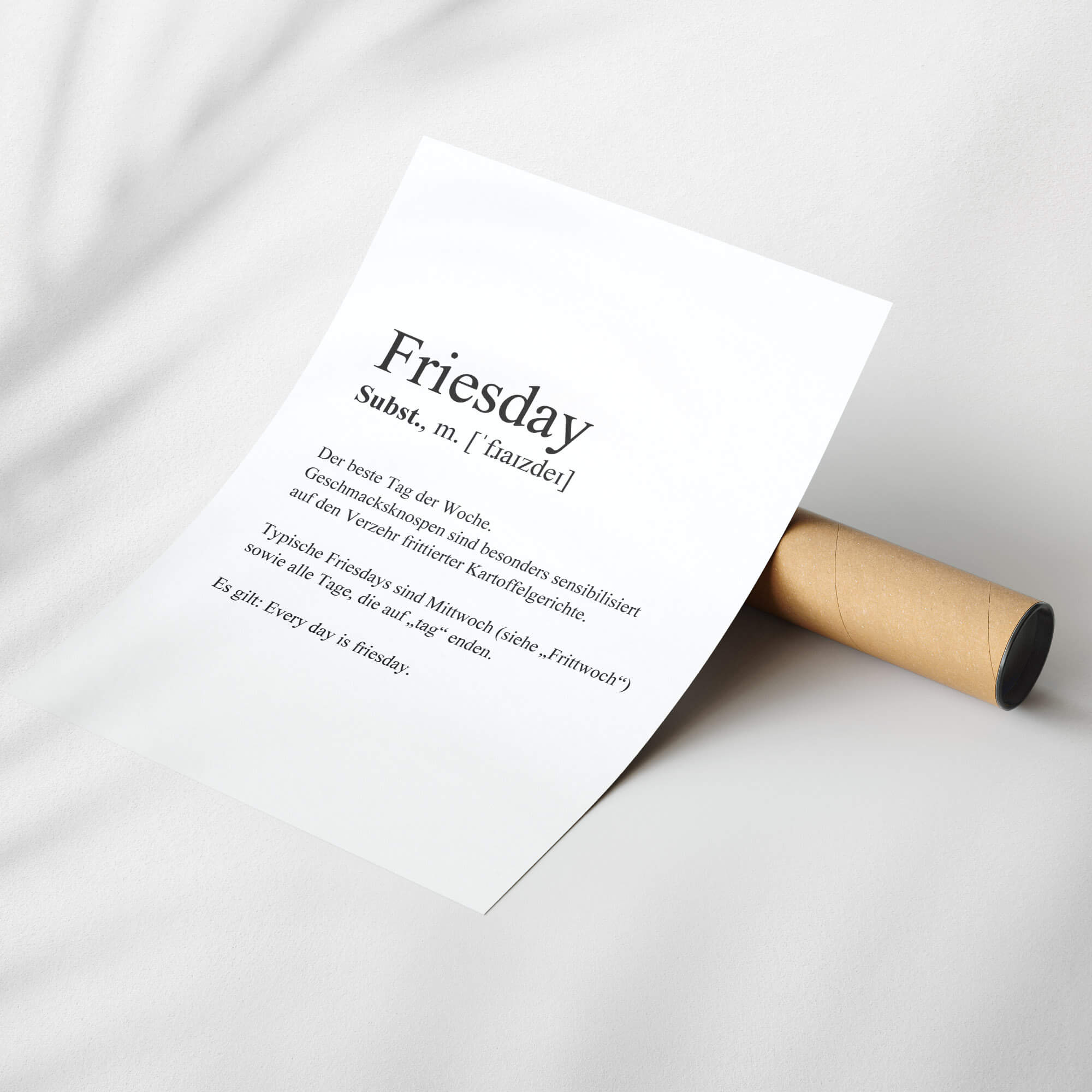 Weißes Poster mit schwarzem "Friesday"-Druck und Wortdefinition.