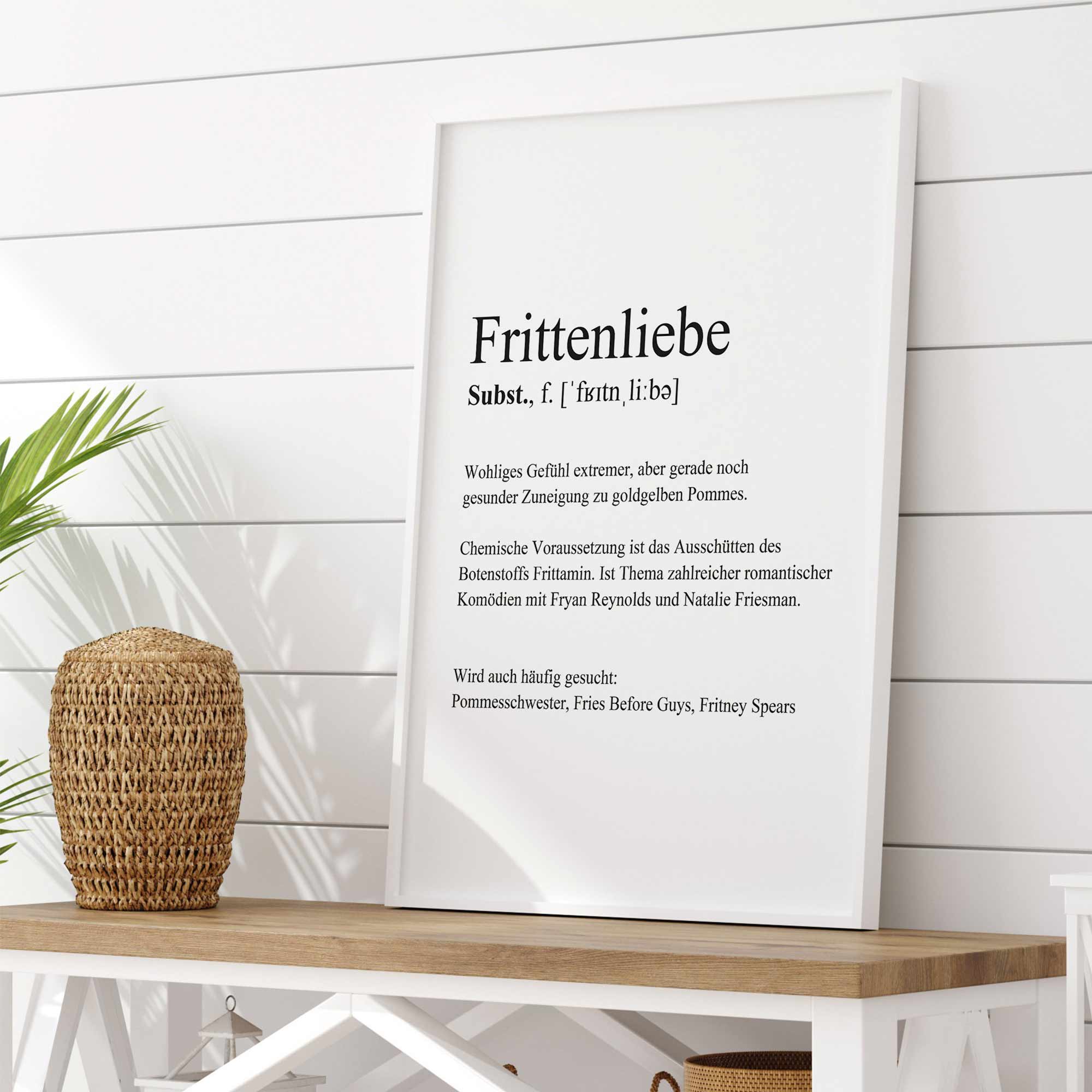 Weißes Poster mit schwarzer "Frittenliebe"-Schrift und Wortdefinition in weißem Rahmen