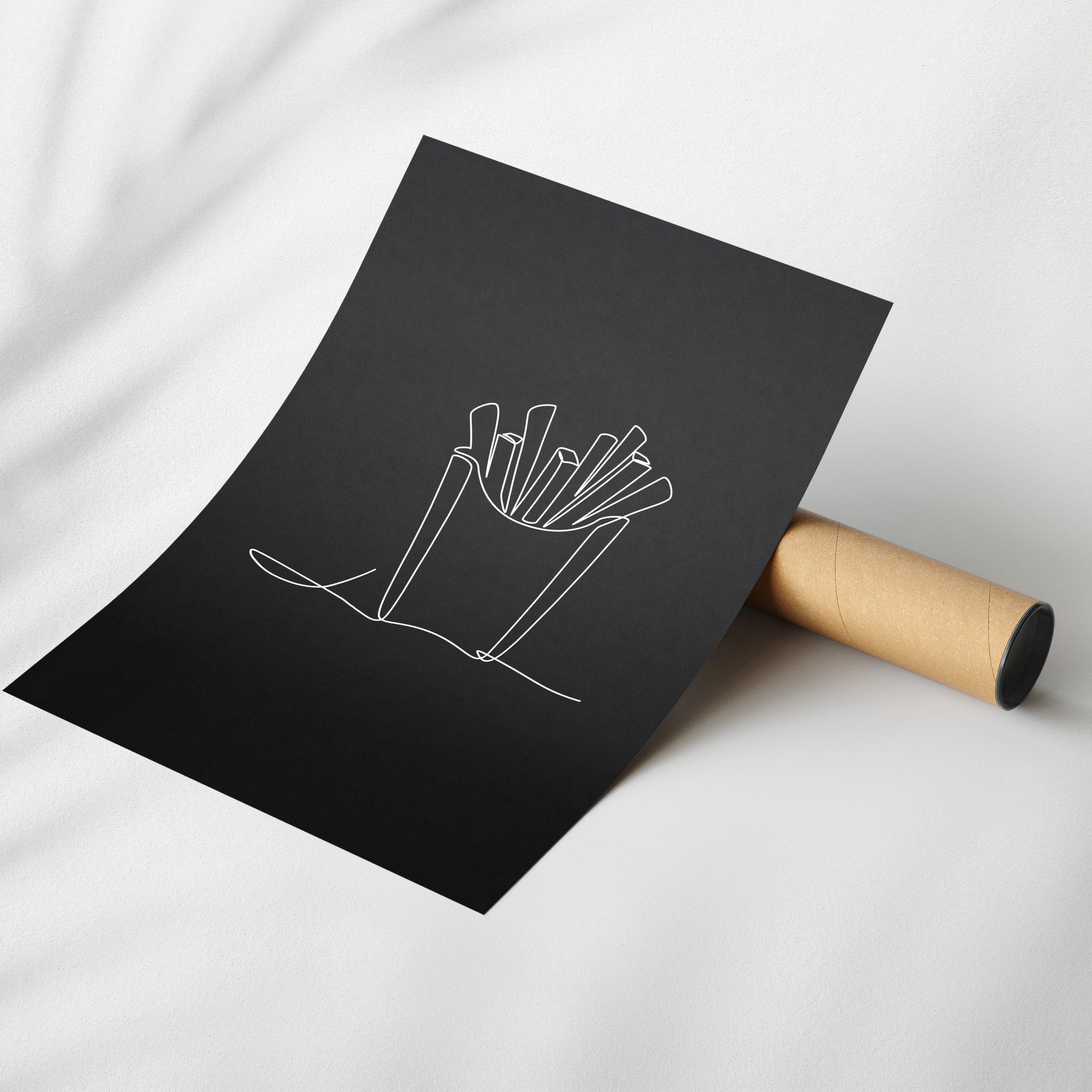 Schwarzes Poster mit weißem gezeichneten Motiv einer Pommestüte