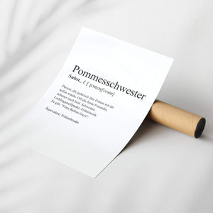 Weißes Poster mit schwarzer Schrift und Verpackungsrohr